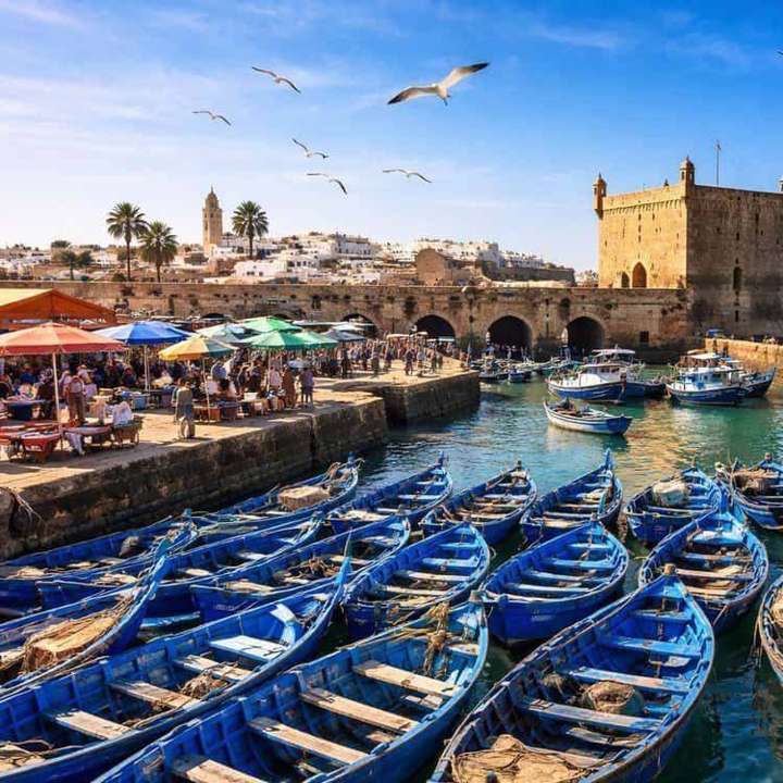 Il porto dei pescatori di Essaouira con le barche azzurre