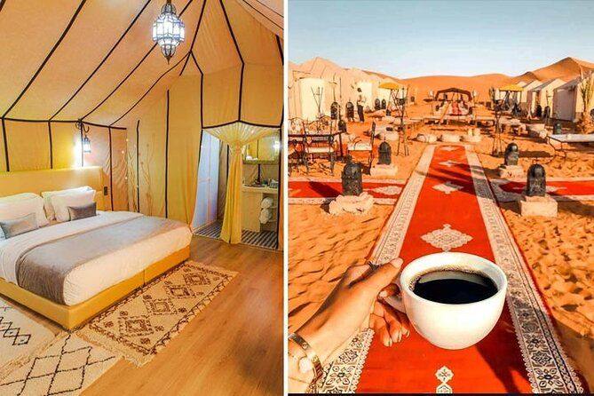 Interno di una tenda del campo nel deserto e colazione tra le dune